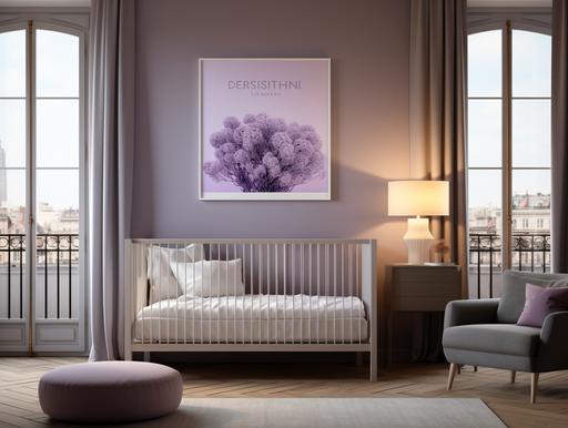 create an award winning wideshot, poster mock up of a Parisian apartment. f2.8 bokeh sony a9. Bold purple and white aesthetic. It needs to breaks down an interior architecture photograph composition into the following key elements, where each of these key elements is a column: editorial style photo, high angle, retro, new born babies/ infants room. Include a hand painted purple baby bassinet basket or crib. wooden floors. Purple walls. Include an empty, blank poster, frame, in the background, blank 24
