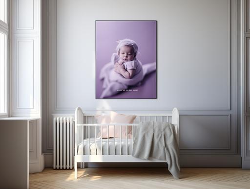 create an award winning wideshot, poster mock up of a Parisian apartment. f2.8 bokeh sony a9. Bold purple and white aesthetic. It needs to breaks down an interior architecture photograph composition into the following key elements, where each of these key elements is a column: editorial style photo, high angle, retro, new born babies/ infants room. Include a hand painted purple baby bassinet basket or crib. wooden floors. Purple walls. Include an empty, blank poster, frame, in the background, blank 24