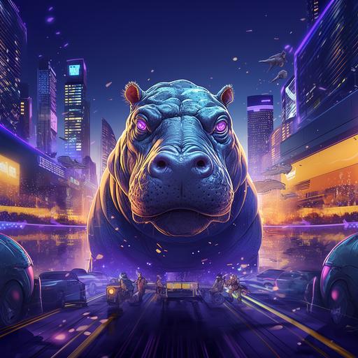 create an epic shot of a hippo head inside a blue twitter stamp. In the background of the image, a futuristic city. The whole scene lit up with shades of yellow, blue and lilac.