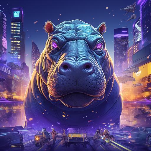 create an epic shot of a hippo head inside a blue twitter stamp. In the background of the image, a futuristic city. The whole scene lit up with shades of yellow, blue and lilac.