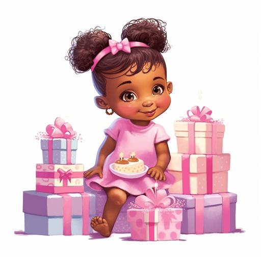 create an illustration of a beautiful brown skinned African American baby girl approximately age 1 sitting on top of pink birthday cake, the baby has two pigtails in her hair with pretty pink bows and is wearing fluffy pink tulle party dress, smiling happily and excited with arms extended, birthday, sweet surprise, little cakes and candies surround the baby as well as pink gift wrapped boxes --v 5.1 --s 750