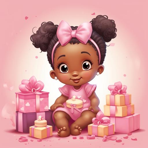 create an illustration of a beautiful brown skinned African American baby girl approximately age 1 sitting on top of pink birthday cake, the baby has two pigtails in her hair with pretty pink bows and is wearing fluffy pink tulle party dress, smiling happily and excited with arms extended, birthday, sweet surprise, little cakes and candies surround the baby as well as pink gift wrapped boxes --v 5.1 --s 750