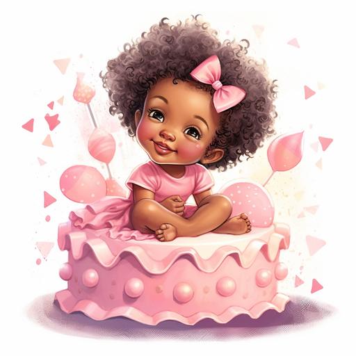 create an illustration of a beautiful light skinned African American baby girl approximately age 1 sitting on top of large pink birthday cake, the baby has two pigtails in her long curly hair with pretty pink bows and is wearing a fluffy pink tulle party dress, the baby is smiling happily and excited ,birthday, sweet surprise, little pink birthday cakes and confetti surround the baby as well as pink gift wrapped boxes, there is a tiny brown puppy in one of the gift boxes, --v 5.1 --s 750