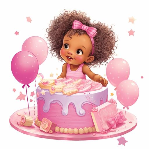 create an illustration of a beautiful light skinned African American baby girl approximately age 1 sitting on top of large pink birthday cake, the baby has two pigtails in her long curly hair with pretty pink bows and is wearing a fluffy pink tulle party dress, the baby is smiling happily and excited ,birthday, sweet surprise, little pink birthday cakes and confetti surround the baby as well as pink gift wrapped boxes, there is a tiny brown puppy in one of the gift boxes, --v 5.1 --s 750