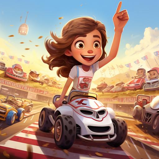 create an image in the style of a children’s cartoon illustration, book showing a young girl around the age of four with fair skin and brown hair, driving a race car around a race track with other race cars behind her