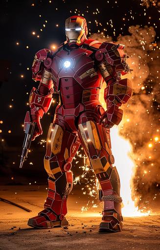 create an image of a Iron Man + USMC Veteran + Marine Corps colors accented with gold noen lighting in the seams and glowing white eyes, leg has gunholstered to it, standing on a airstrip background a glowing light with sparks flying --ar 9:14 --v 6.0