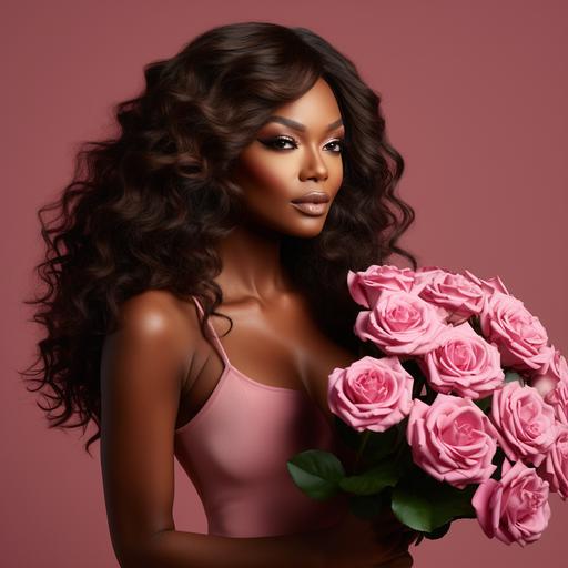 create an image of a beautiful dark skin woman with rich melanin glowing skin, model is wearing long flowing body wave extensions, soft glamour makeup, wearing black tight fitting tank top, beauty photoshoot, solid hot pink background, woman holding pink rose bouquet