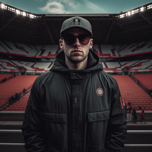 create an image of a casual lad wearing adidas spezials, wearing a C.P company goggle soft-shell black jacked, wearing a black lyle and scott cap and wearing stone island jeans, standing in an away and in a small football stadium in england with a feyenoord flag