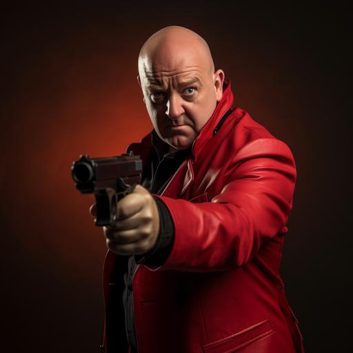 create an image of a portly northern English man portraying James Bond. he is bald, red faced, and wearing a red soccer jersey. he is making the classic James Bond pose shooting at the camera