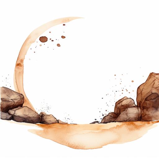 create an image of brown rocks floating, brown watercolour circle on back, minimalist design, white empty background