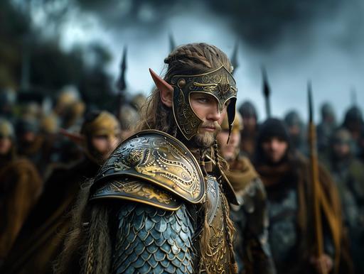 create an image of elven soldiers  with long pointy ears and braided hair and beards wearing gold armor and spangen helmets with black cloaks and gamebsons taken by a hasselblad h6d-400c --style raw --v 6.0 --s 750 --ar 4:3