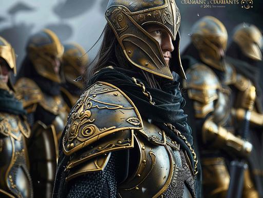 create an image of elven soldiers  with long pointy ears and braided hair and beards wearing gold armor and spangen helmets with black cloaks and gamebsons taken by a hasselblad h6d-400c --style raw --ar 4:3 --v 6.0 --s 750