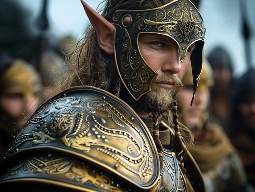 create an image of elven soldiers  with long pointy ears and braided hair and beards wearing gold armor and spangen helmets with black cloaks and gamebsons taken by a hasselblad h6d-400c --style raw --v 6.0 --s 750 --ar 4:3