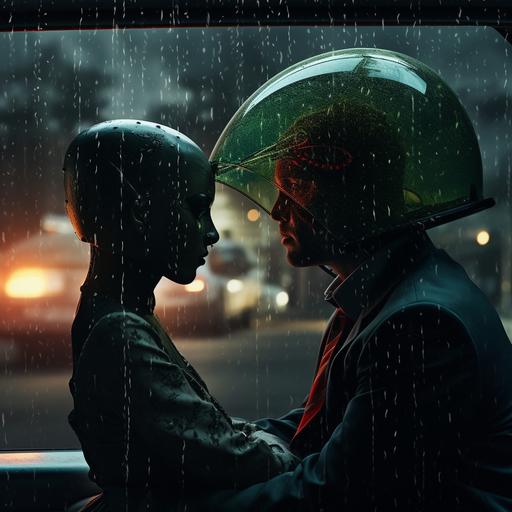 create an image of two aliens sitting in a car, male and female, looking shy because they were in love with each other. The car is parked, and it is raining outside. It’s a deep and sorrow filled image with a glimmer of hope.