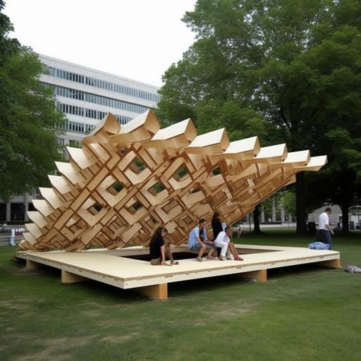create an image similar to one i have shown. it is a kerf avillion. kerfing is a techinque used to bening wood by subtracting materials from it. use different basic element than the one in the photo and repeate that to create a pavillion. show people interacting with the pavillion. Keep it less than human height. focus on not making an over head canopy. it should be open from top just like the picture i showed. Depict diverse individuals interacting with the installation in diverse ways, capturing details of their expressions and movements. Emphasize the repeated use of a simple kerfed element to create intricate and captivating geometric patterns within the installation. Ensure a sense of depth, scale, and lifelike realism in the scene --v 5.0 --s 50