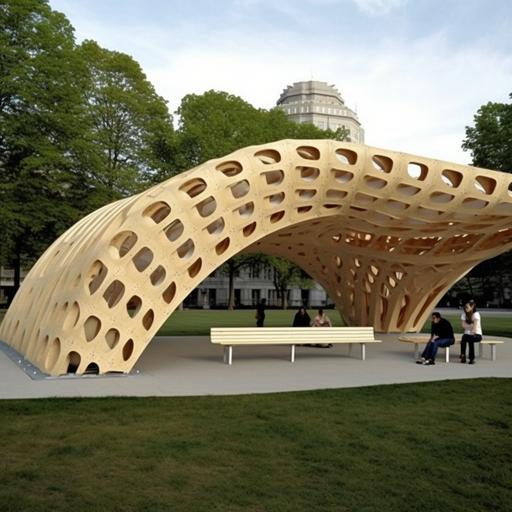 create an image similar to one i have shown. it is a kerf avillion. kerfing is a techinque used to bening wood by subtracting materials from it. use different basic element than the one in the photo and repeate that to create a pavillion. show people interacting with the pavillion. Keep it less than human height. focus on not making an over head canopy. it should be open from top just like the picture i showed. Depict diverse individuals interacting with the installation in diverse ways, capturing details of their expressions and movements. Emphasize the repeated use of a simple kerfed element to create intricate and captivating geometric patterns within the installation. Ensure a sense of depth, scale, and lifelike realism in the scene --v 5.0 --s 50