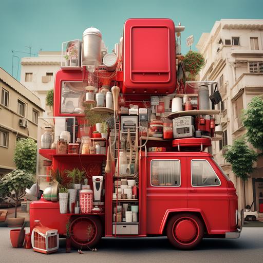 create an red ishtari truck with home appliances in beirut streets