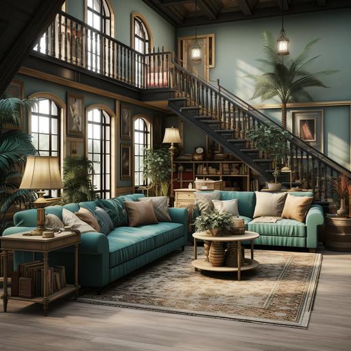 create an ultra realistic farmhouse style living room with a fireplace and rod iron black stairs with a ceiling height Christmas tree in the foreground decorated with burlap ribbon peacock feathers, red turquoise and gold ornaments. Include a turquoise sectional sofa with burlap pillows. Floor should be rustic hardwood --s 750