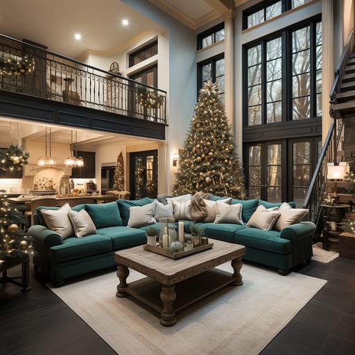 create an ultra realistic farmhouse style living room with a fireplace and rod iron black stairs with a ceiling height Christmas tree in the foreground decorated with burlap ribbon peacock feathers, red turquoise and gold ornaments. Include a turquoise sectional sofa with burlap pillows. Floor should be rustic hardwood --s 750
