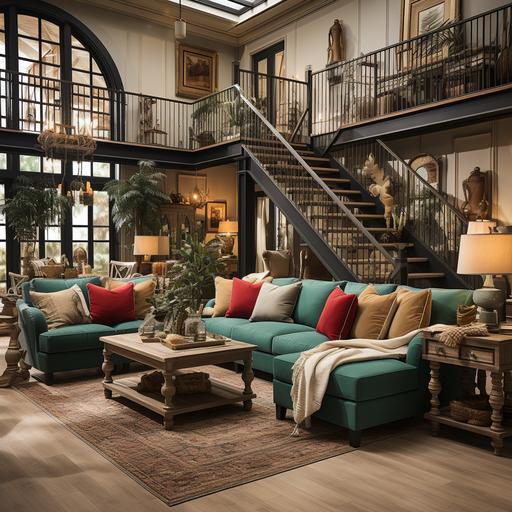 create an ultra realistic farmhouse style living room with a fireplace and rod iron black stairs with a ceiling height Christmas tree in the foreground decorated with burlap ribbon peacock feathers, red turquoise and gold ornaments. Include a turquoise sectional sofa with burlap and bright red pillows. Floor should be rustic hardwood --s 750