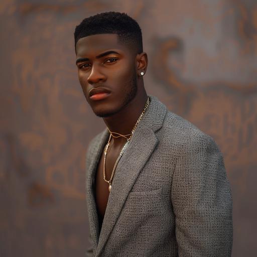 create an ultra realistic high quality image full body pose of an rich African American male in a grey sweater suit attire and flat top fade, dimples, light brown eyes, gold chain, flawless, posing with hands behind back Image to be sharp focus and high quality.