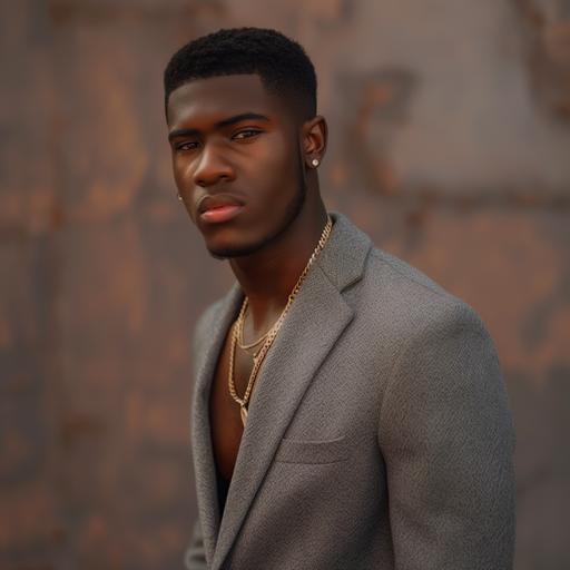 create an ultra realistic high quality image full body pose of an rich African American male in a grey sweater suit attire and flat top fade, dimples, light brown eyes, gold chain, flawless, posing with hands behind back Image to be sharp focus and high quality. --v 6.0