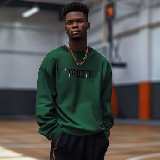 create an ultra realistic high quality image full body pose of a clean African American male in a green sweater that reads unique and black pants with Jordan’s and flat top fade, dimples, light brown eyes, gold chain, flawless, posing with hands behind back Image to be sharp focus and high quality, background with basketball court --v 6.0