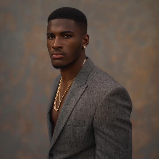 create an ultra realistic high quality image full body pose of an rich African American male in a grey sweater suit attire and flat top fade, dimples, light brown eyes, gold chain, flawless, posing with hands behind back Image to be sharp focus and high quality. --v 6.0