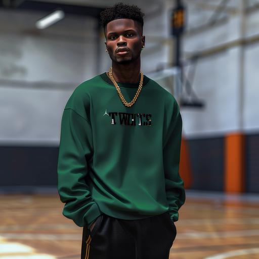create an ultra realistic high quality image full body pose of a clean African American male in a green sweater that reads unique and black pants with Jordan’s and flat top fade, dimples, light brown eyes, gold chain, flawless, posing with hands behind back Image to be sharp focus and high quality, background with basketball court