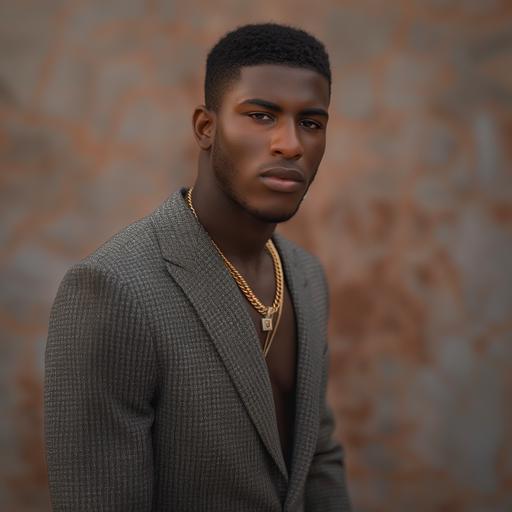 create an ultra realistic high quality image full body pose of an rich African American male in a grey sweater suit attire and flat top fade, dimples, light brown eyes, gold chain, flawless, posing with hands behind back Image to be sharp focus and high quality. --v 6.0