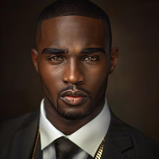 create an ultra realistic high quality image head shot of an rich African American male in a business attire and flat top fade, dimples, light brown eyes, gold chain, flawless. Image to be sharp focus and high quality.