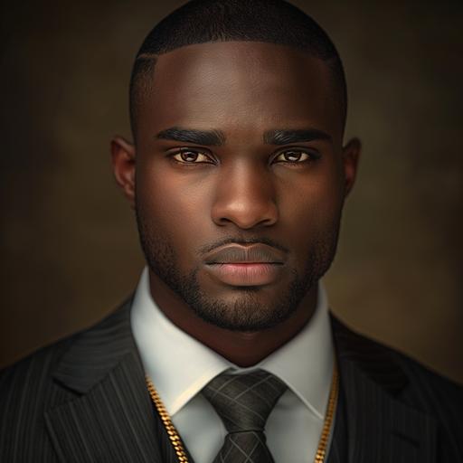 create an ultra realistic high quality image head shot of an rich African American male in a business attire and flat top fade, dimples, light brown eyes, gold chain, flawless. Image to be sharp focus and high quality. --v 6.0