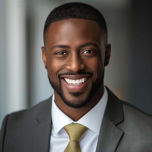 create an ultra realistic high quality image head shot of an rich African American male in a business attire and flat top fade, dimples, smiling, light brown eyes, gold chain, flawless. Image to be sharp focus and high quality and realistic --v 6.0