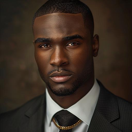 create an ultra realistic high quality image head shot of an rich African American male in a business attire and flat top fade, dimples, light brown eyes, gold chain, flawless. Image to be sharp focus and high quality.