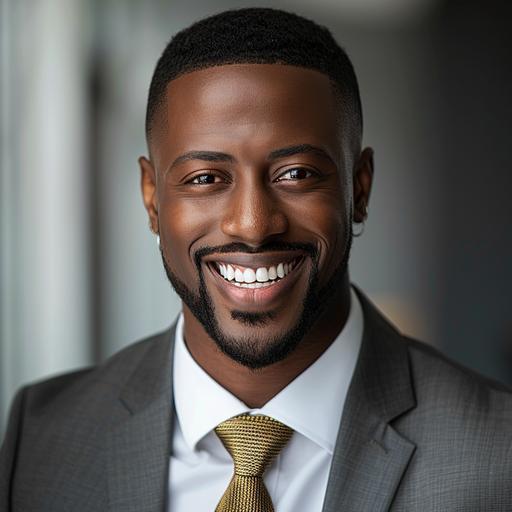 create an ultra realistic high quality image head shot of an rich African American male in a business attire and flat top fade, dimples, smiling, light brown eyes, gold chain, flawless. Image to be sharp focus and high quality and realistic