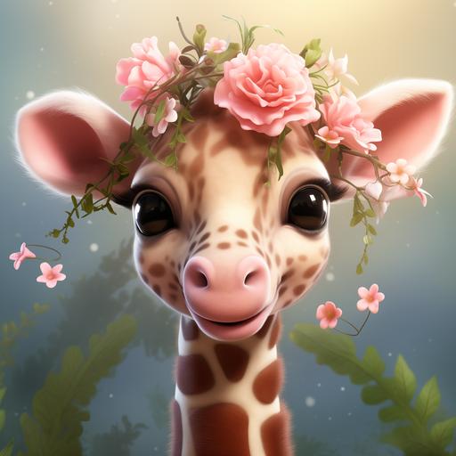 create an ultra realistic wild one woodland cartoon baby giraffe with a pink flower garland on the head with full body.