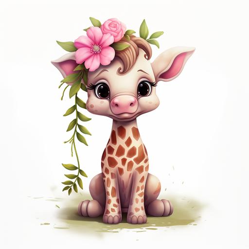 create an ultra realistic wild one woodland cartoon baby giraffe with a pink flower garland on the head with full body.