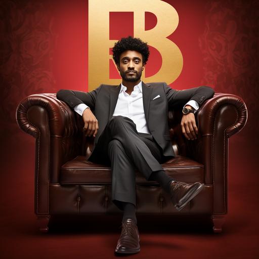 create and image of a human business A mixed-race Afro-American style man, and he sells luxury black leather sofas for a famous Italian brand whose logo will have: PS (and for red on top and white below in gold letters)