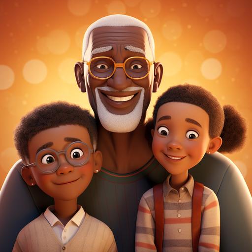 create animated dark skinned boy and girl twins, 4 years old , embracing a dark skin lovable and slightly clumsy grandfather known affectionately as G-Pop.