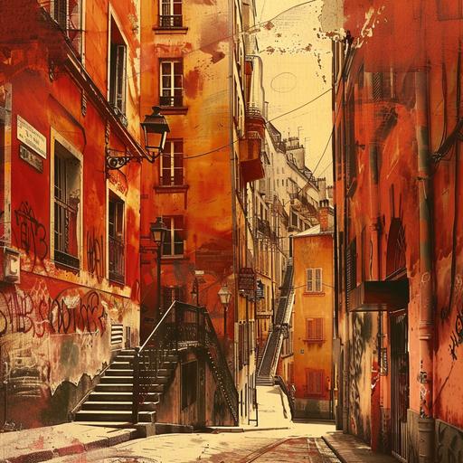 create art using colours like maroon rust orange brown the theme should be a vintage city scene