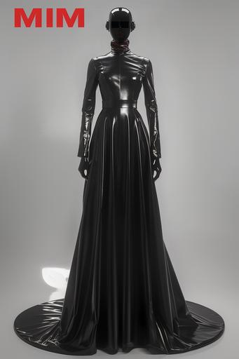 create black mannequin in full length, wears long leather dress, use this face from photo --ar 2:3