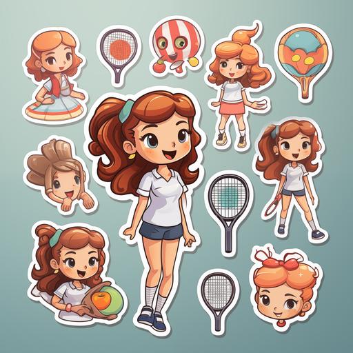create cute sticker packs with 25 different stickers retro style and cartoonish for the sport pickleball mix it with pickleball balls and bats as cartoons super cute, aimed at girls, make it perfect for etsy stickers