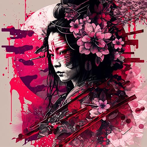 create elaborate abstract design but with photo real detail with a geisha surrounded by japanese symbols, cherry blossoms and samurai inspired themes. darker, red and pink tinged, patterned/wallpaper effect. Design not centralised