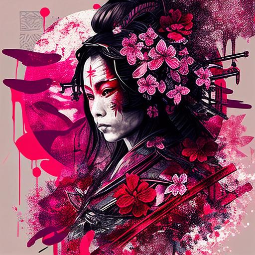 create elaborate abstract design but with photo real detail with a geisha surrounded by japanese symbols, cherry blossoms and samurai inspired themes. darker, red and pink tinged, patterned/wallpaper effect. Design not centralised
