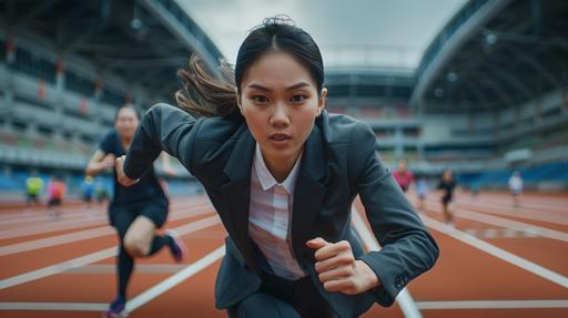 create high-defination photograph thai women only one person running on Track in stadium wearing business suite and have alot of people cheerup on stadium --ar 16:9 --v 6.0