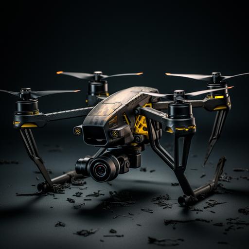 create high-detailed ultra-realistic close-up photo of a military flying drone with minimalistic black matte camo design with yellow lines and indicators. Use the Nikon D850 DSLR 4k camera with an 85mm lens at F 1.2 aperture setting to blur the background and isolate the drone. Ultimate details. --v 5.2