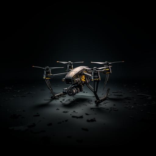 create high-detailed ultra-realistic close-up photo of a military flying drone with minimalistic black matte camo design with yellow lines and indicators. Use the Nikon D850 DSLR 4k camera with an 85mm lens at F 1.2 aperture setting to blur the background and isolate the drone. Ultimate details. --v 5.2