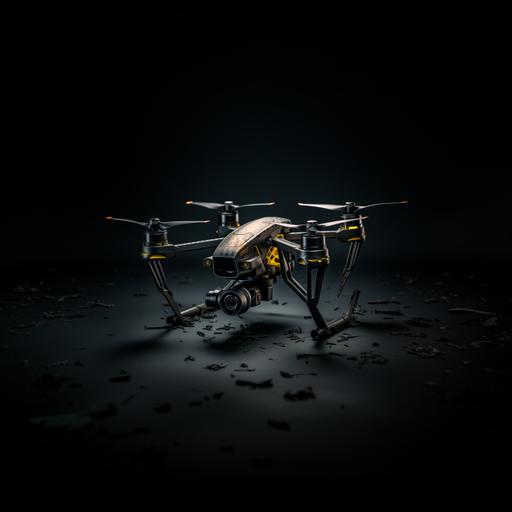 create high-detailed ultra-realistic close-up photo of a military flying drone with minimalistic black matte camo design with yellow lines and indicators. Use the Nikon D850 DSLR 4k camera with an 85mm lens at F 1.2 aperture setting to blur the background and isolate the drone. Ultimate details. --v 5.2