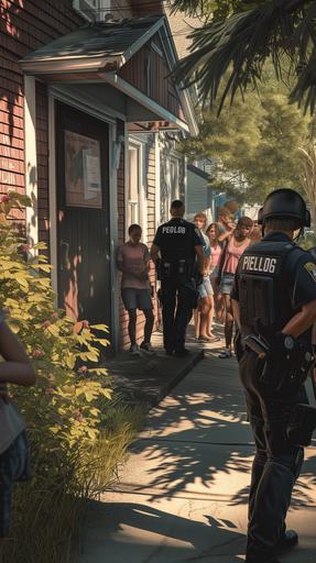 create hyper realistic high resolution image. This image is of first person view. There are two white police officers standing outside of a doorway to a home. There is a line of 15 people of the age of 18 years old going down the sidewalk. --ar 9:16 --v 6.0