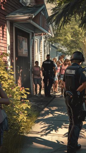 create hyper realistic high resolution image. This image is of first person view. There are two white police officers standing outside of a doorway to a home. There is a line of 15 people of the age of 18 years old going down the sidewalk. --ar 9:16 --v 6.0